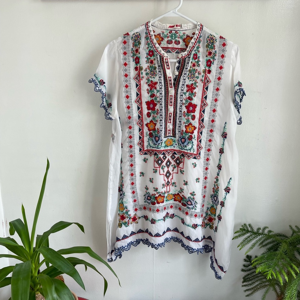Johnny Was Cap Sleeve Embroidered Tunic White Size Large